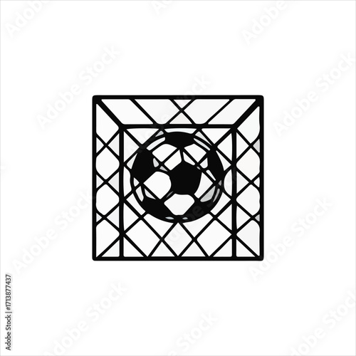 Simple black and white illustration of a soccer ball inside a goal net, centered.
