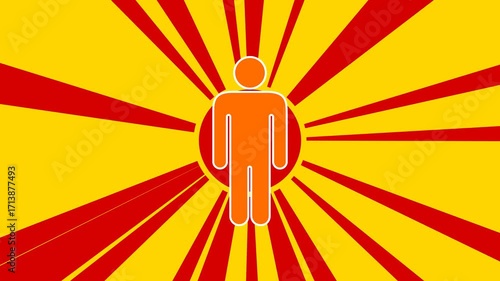 Man symbol on the background of animation from moving rays of the sun. Large orange symbol increases slightly. Seamless looped 4k animation on yellow background