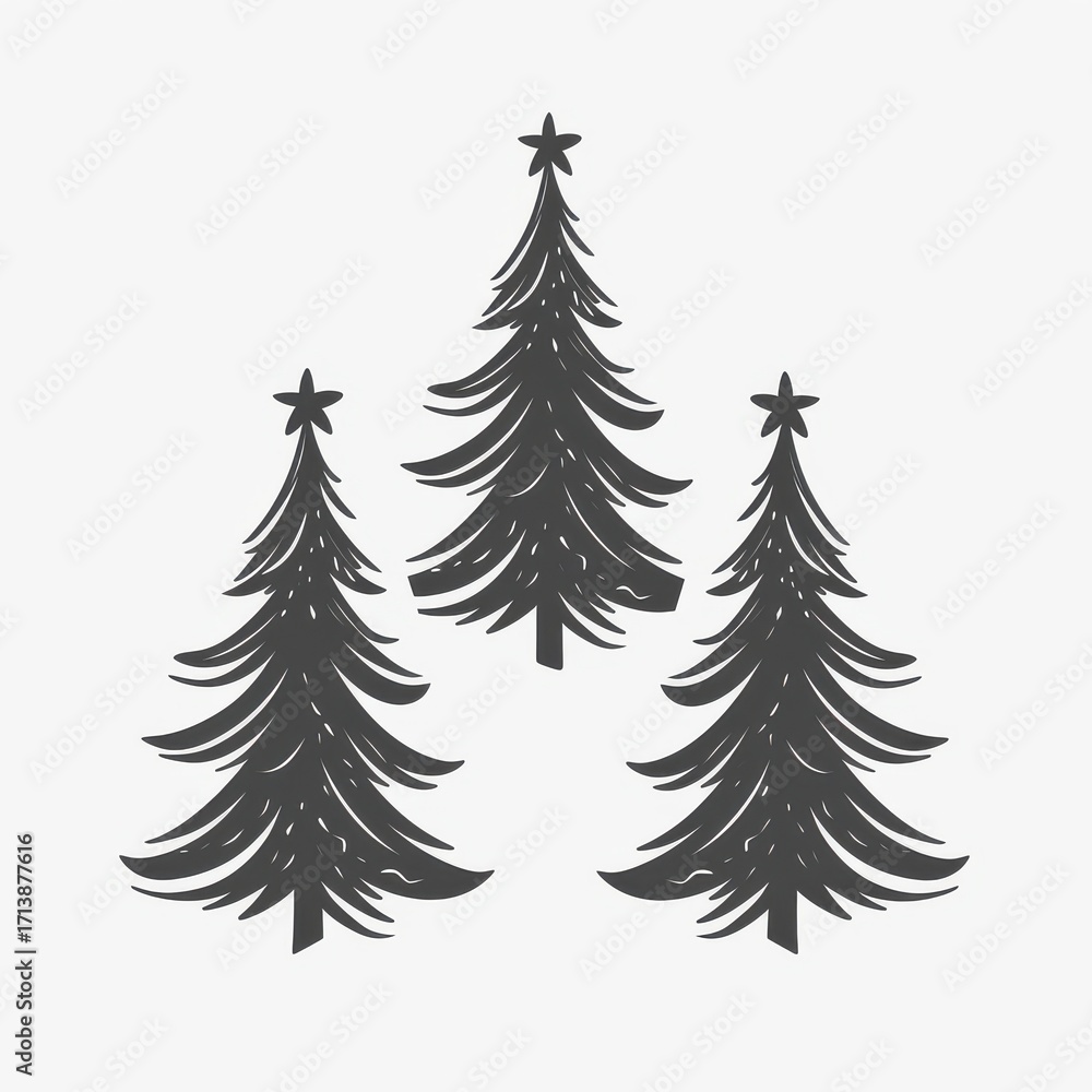 Obraz premium Three silhouetted Christmas trees with star tops, evoking a festive and cheerful holiday spirit.
