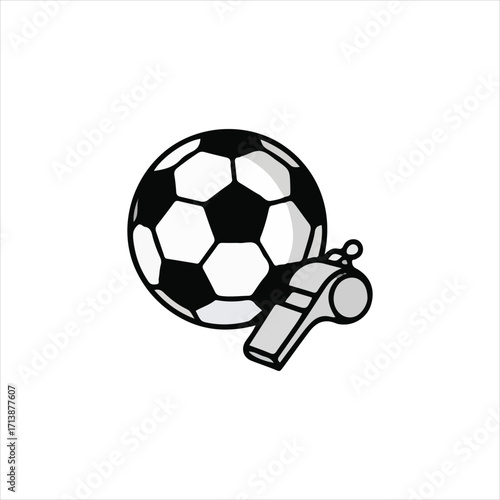 A soccer ball with black and white panels sits next to a gray whistle, isolated on a white background.