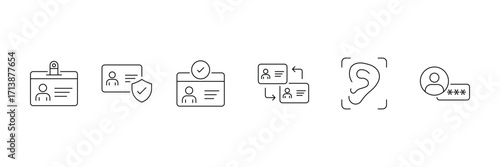 Identity set of web icons in line style. Verification and identity icon set. Id icon set. Includes fingerprint, face ID, ID card. Vector illustration.