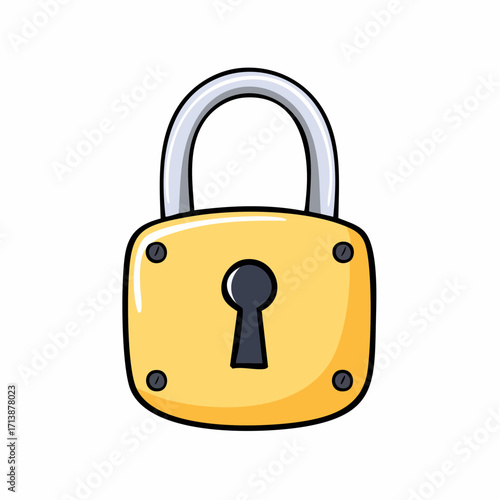 Cartoon vector illustration of a golden padlock icon, playful doodle style for security and privacy concepts