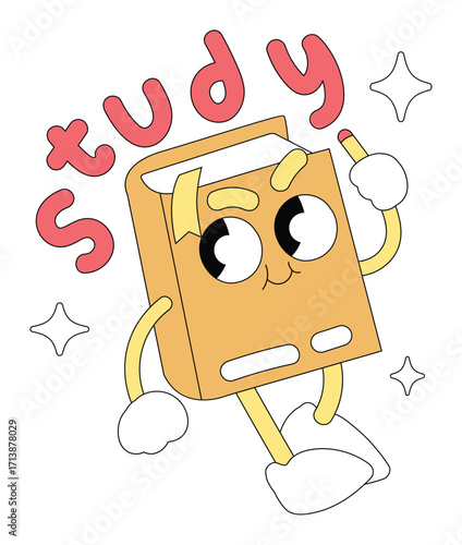 Adorable anthropomorphic book character holding a pencil, ready to study