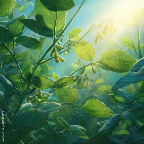 Lush Soybean Plants Bathed in Ethereal Morning Sunlight.