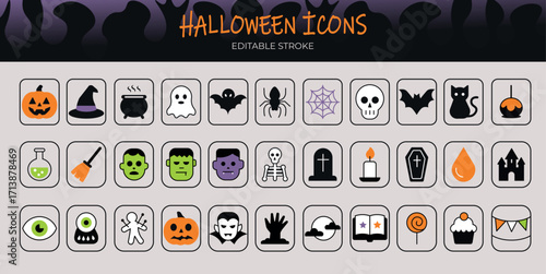 set of Halloween icons. Editable stroke. Halloween sticker flat style 