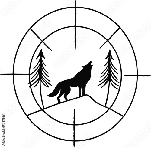 Wolf Silhouette in Circular Crosshairs with Pine Trees, Black and White