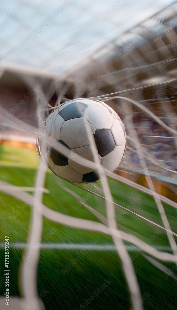 Naklejka premium Dynamic soccer ball close-up hitting net in stadium