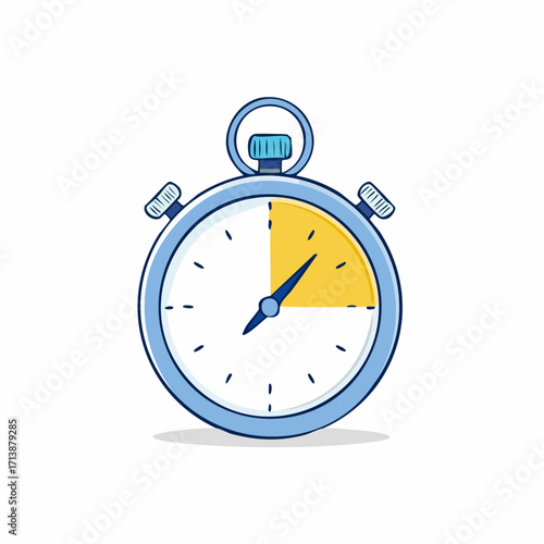 Blue stopwatch vector icon with a yellow timer segment. Flat design doodle illustration of a chronometer for measuring time, isolated on a white background