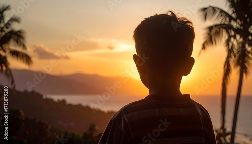 Fototapeta Naklejka Na Ścianę i Meble -  A boy silhouetted against a vibrant sunset over a landscape