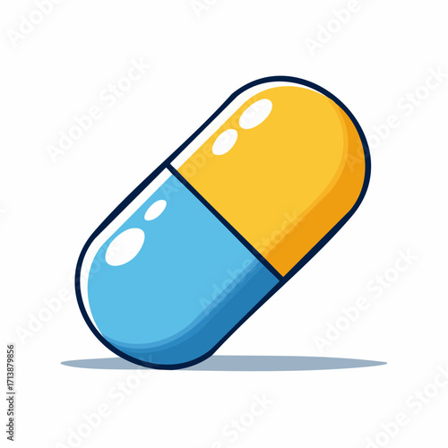 A quirky and playful doodle style vector flat illustration of a blue and yellow medicine pill capsule, representing healthcare and treatment