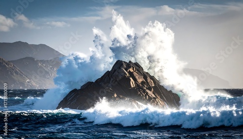 Powerful waves crashing against a rocky outcrop