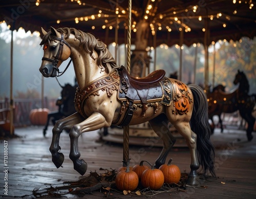 Photorealistic derelict fairground scene — velvet saddle, cracked planks and cobwebbed lanterns