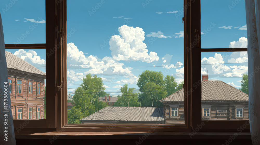 Naklejka premium Window to the World: A view from inside, framed by a wooden window, reveals a serene cityscape beneath a vibrant blue sky filled with puffy clouds.