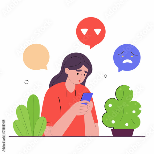 Young woman looking at phone with sad expression and plants around  