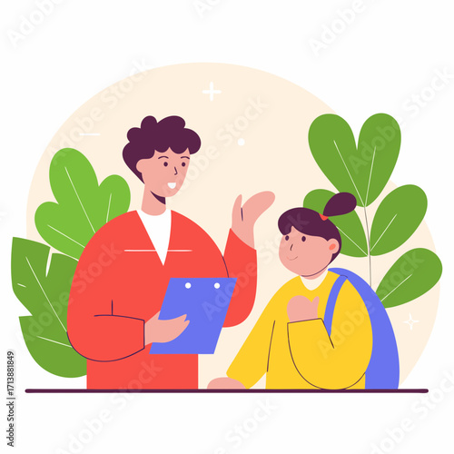 Teacher explaining concepts to student next to large green plants  