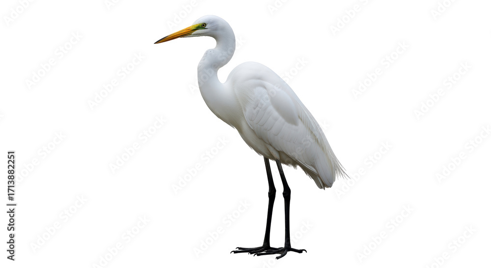 Obraz premium Isolated Great Egret standing gracefully, a majestic bird with elegant white plumage and bright beak