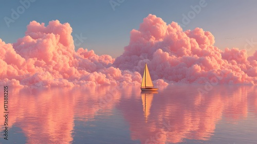Pink sunset, sailboat at sea

