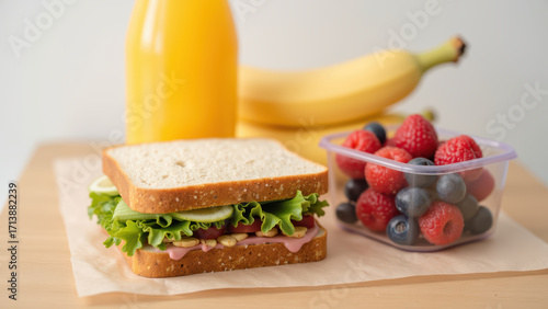 Fresh sandwich with lettuce, tomato, and ham, accompanied by bottle of juice, bananas, and container of mixed berries