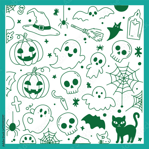 Halloween Doodle Pattern with Pumpkins Ghosts Skulls and Black Cat.