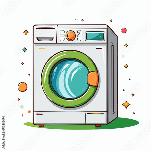 Modern washing machine depicted in a casual doodle vector style. This flat illustration with bold outlines represents home laundry, cleaning, and domestic chores