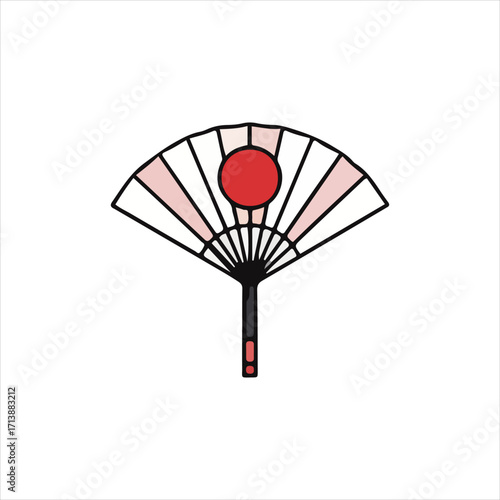 Illustration of a traditional Japanese folding fan with red circle and pink accents on a white background.