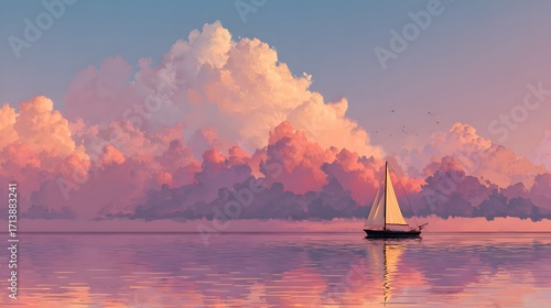 Pink sunset, sailboat at sea
