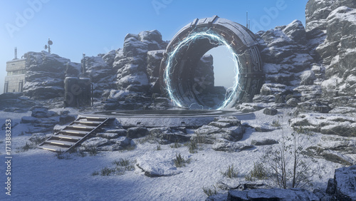 Science fiction fantasy portal in a rocky winter landscape. 3D render.