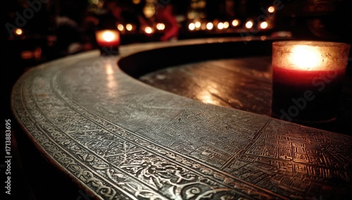 Round metal table, ornate edge, lit candles