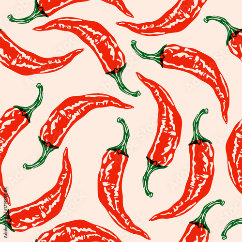 Hot chilli pepper pattern. Seamless print of red spicy capsaicin peppers risograph effect, vintage whole ripe peppers, abstract organic vegetable farm food. Vector texture