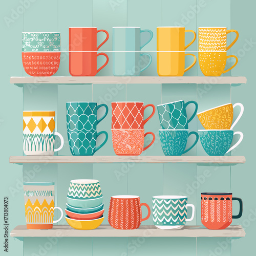 Shelf of Colorful Mugs and Cups: Unique Patterns and Designs