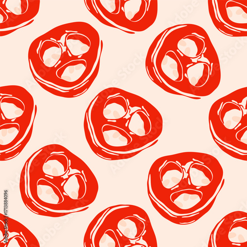 Hot chili pepper pattern. Seamless print of spicy paprika vegetable, red cayenne pepper vegetable, sliced rings of red chilli pepper repeated background flat style. Vector texture