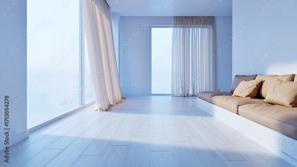 Obraz premium Bright and airy modern living room with large windows and comfortable seating