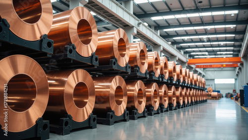 High quality copper coils stacked in modern industrial facility, showcasing shiny surface and precision of material