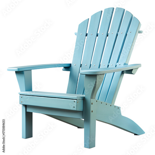 A light blue adirondack chair made of wood, with a slatted back and seat, designed for outdoor relaxation, isolated on transparent background