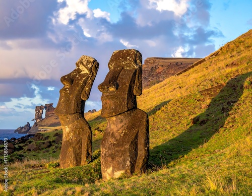 Ancient stone figures at sunrise