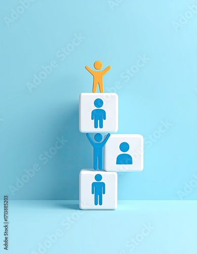 Stacked Cubes with Human Icons Representing Hierarchy and Success