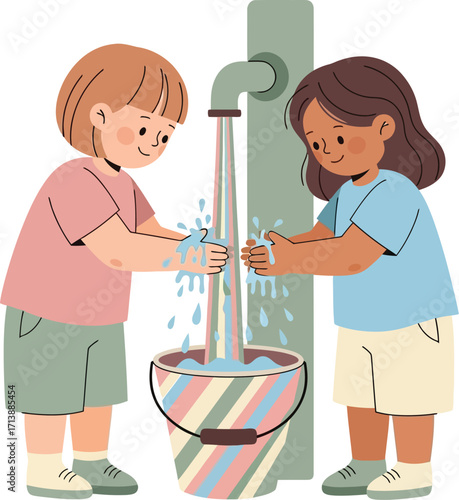 vector illustration of two children washing their hands at an outdoor water pump for a Global Handwashing Day concept on clean water access and rural sanitation.