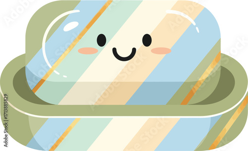 vector illustration of a cute smiling bar of soap with colorful stripes in a dish for a Global Handwashing Day campaign promoting hygiene to children.