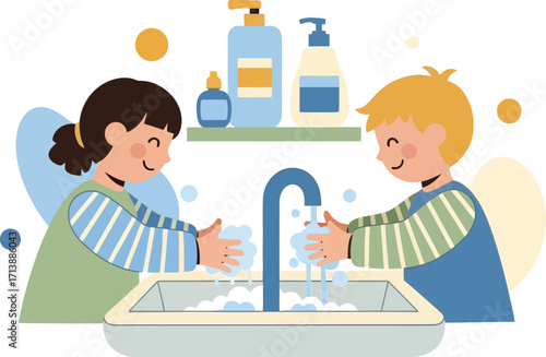 vector illustration of a boy and girl washing their hands at a bathroom sink for a Global Handwashing Day theme on teaching children hygiene at home.