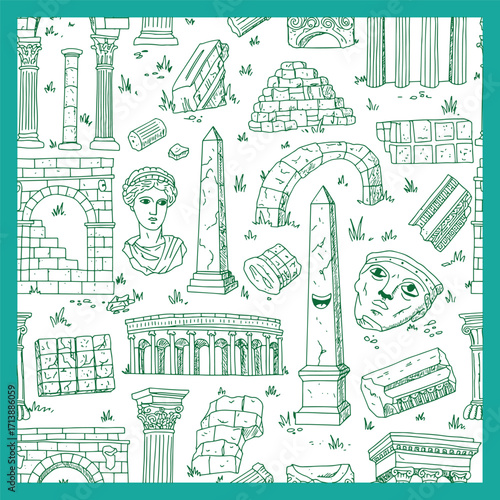 Hand drawn seamless pattern of ancient Greek and Roman architectural ruins.
