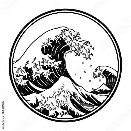 Black and white illustration of a large ocean wave cresting, with a smaller wave in the background, all enclosed in a circular frame.