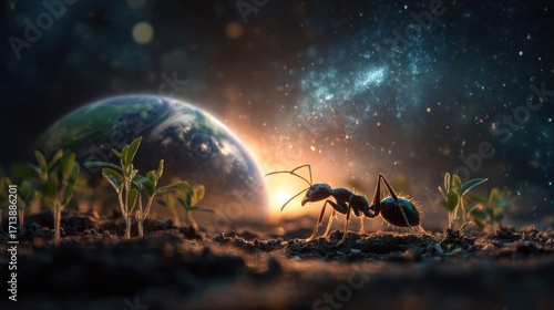 Majestic Ant Gazes at Earthrise Amidst Cosmic Nebula and Sprouting Life.