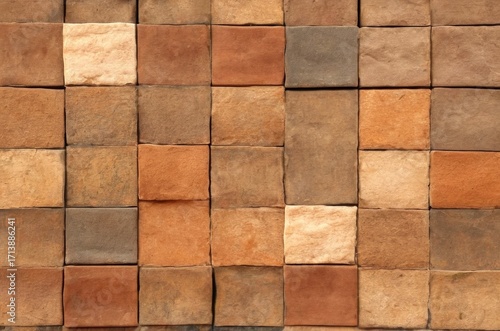 Rustic wall made of small tiles in various shades of brown with rough texture and visible cracks.