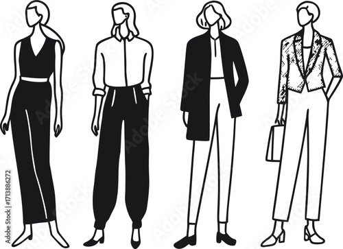 Four women in black and white line art fashion outfits