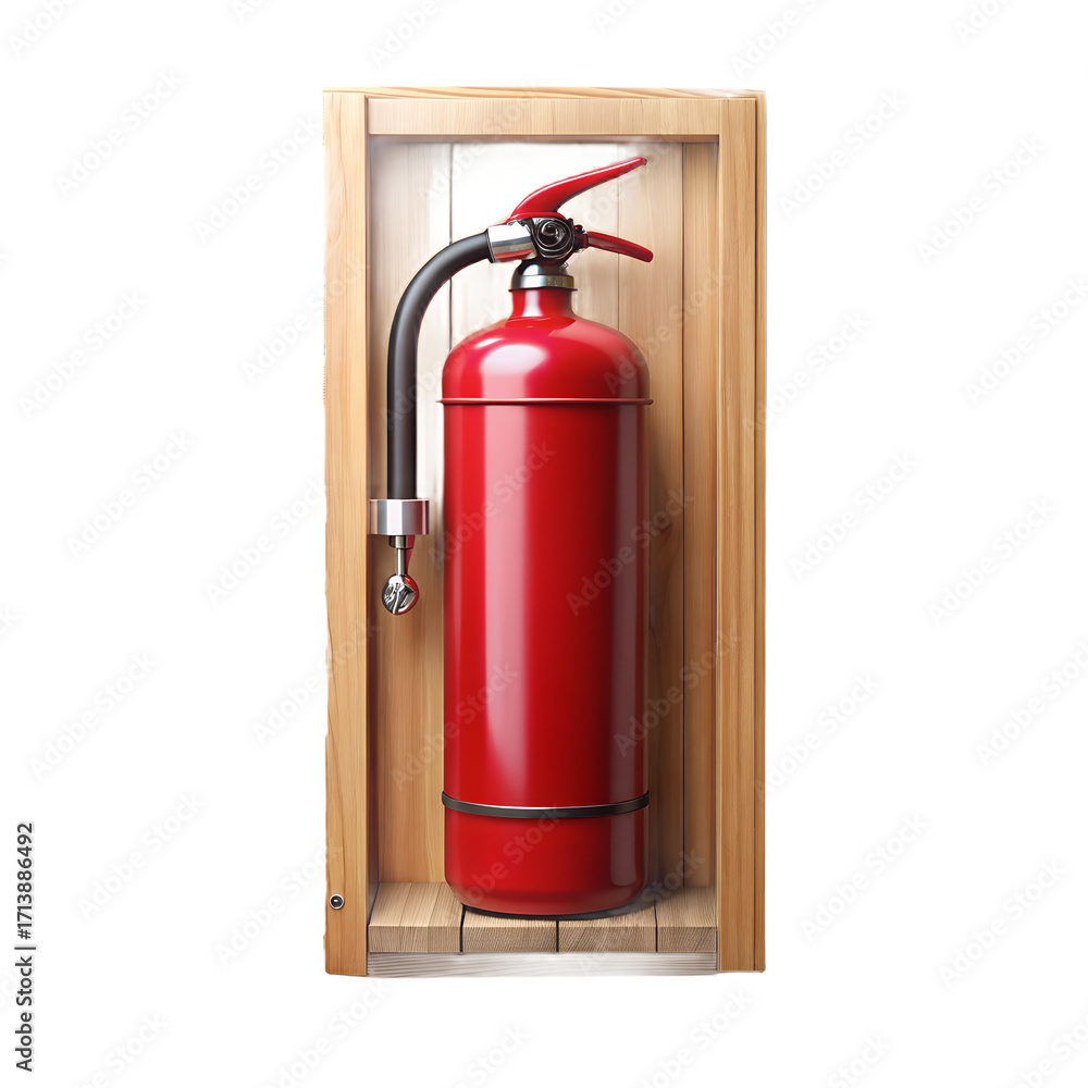 Obraz premium A red fire extinguisher mounted in a wooden frame, isolated on transparent background