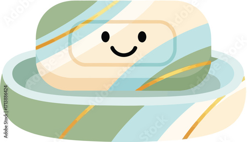 vector illustration of a cute smiling bar of soap with green stripes in a dish for a Global Handwashing Day campaign promoting hygiene to children.