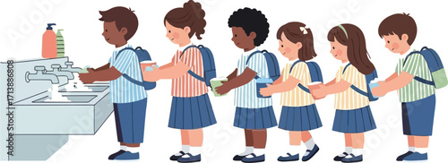 vector illustration of a diverse group of children washing their hands in a line at a long sink for a Global Handwashing Day school hygiene program.