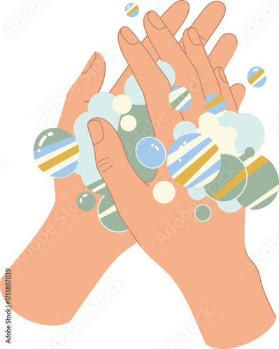 vector illustration of a person washing their hands with colorful soap and bubbles for a Global Handwashing Day instructional graphic on proper hygiene.