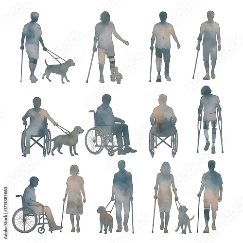 Watercolor Silhouettes Showing People with Disabilities on Black
