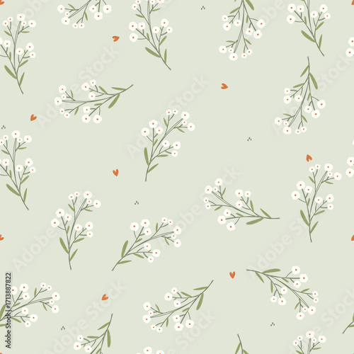 Hand drawn white flowers, hearts and dots on  mint background. Vector floral illustration, seamless pattern.